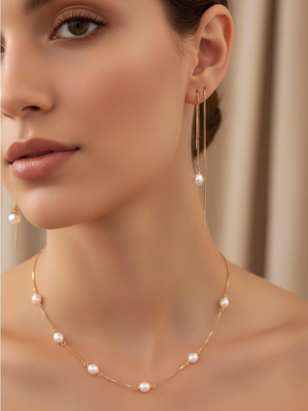 18k Gold Plated Pearl Threader Drop Earrings. New.